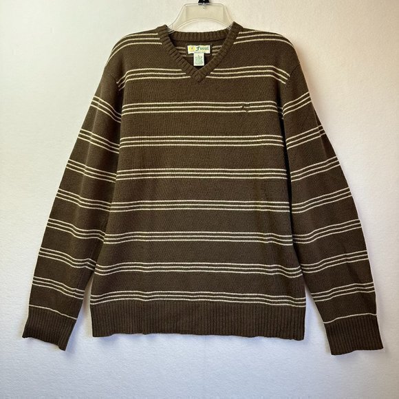 Fossil sweater Men L Brown tan stripe Cashmere Wool Angora blend v neck‎ - Picture 1 of 8